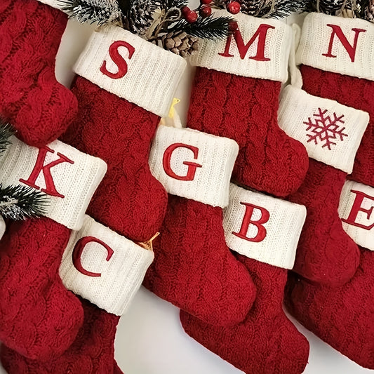 Knitted Christmas stocking with letter design - ideal for tree decor and holiday gifts, made of durable polyester for festive charm.