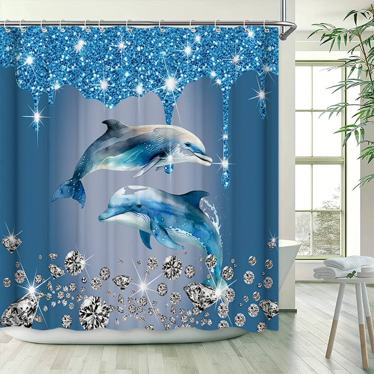 Blue diamond dolphin print bathroom set includes shower curtain, non-slip mat, toilet seat cover, and U-shaped mat, with 12 hooks for hanging the curtain.