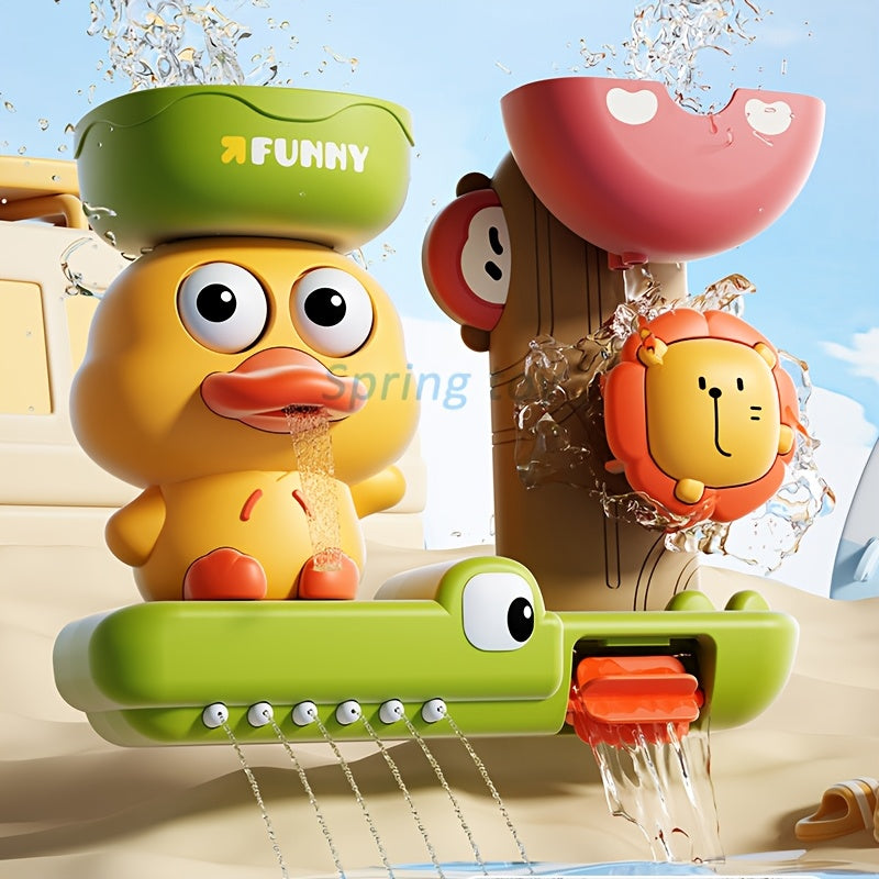 Colorful Cartoon Duck & Friends Water Play Set - Interactive Bath Toy with Suction Cup, Spraying & Rotating Feature in Orange/Green/Yellow - Durable ABS Resin for Bathtub Fun