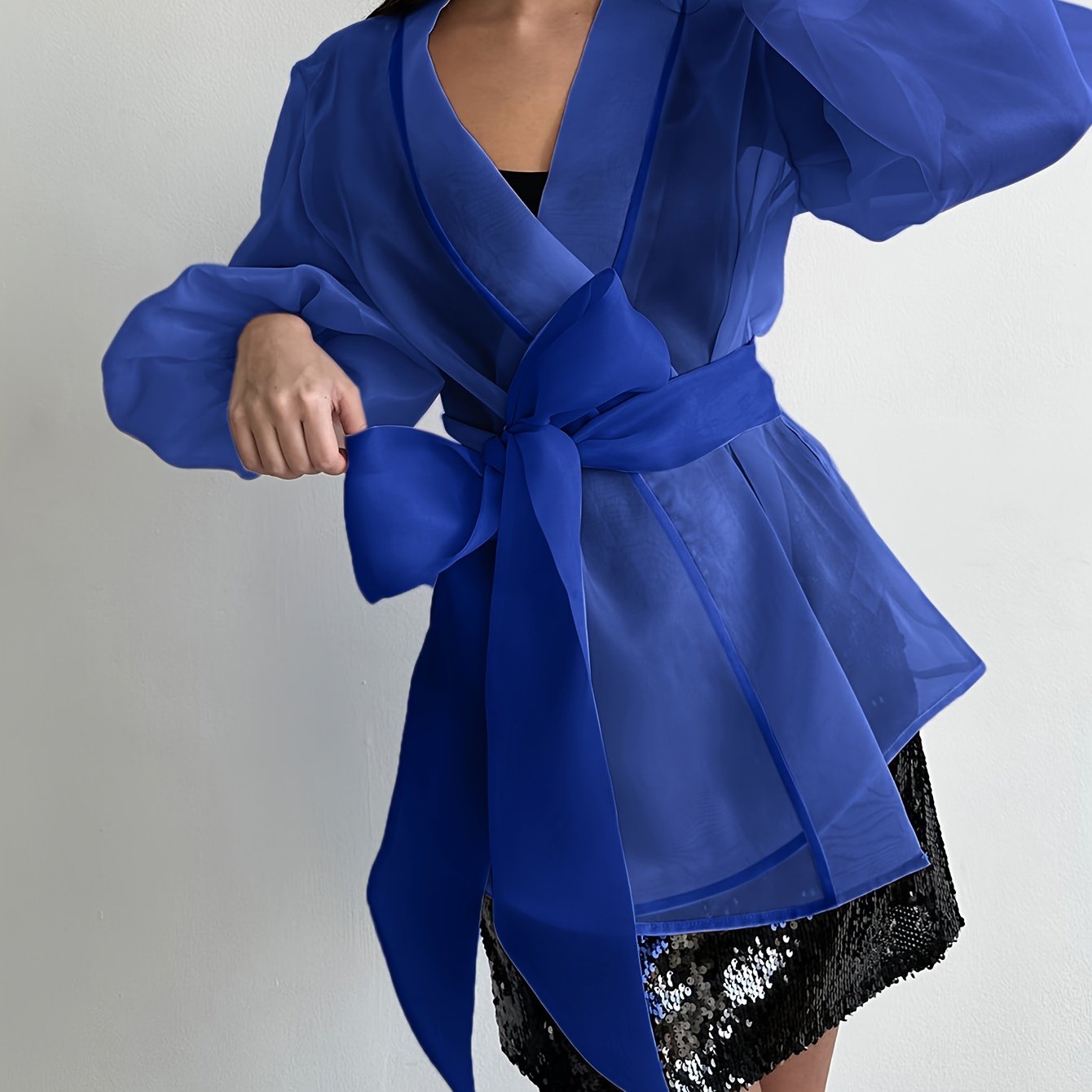 Stylish plus-size women's sheer mesh kimono cardigan with butterfly bow tie, bubble sleeves, and chic polyester material. Hand-washable and suitable for all seasons.