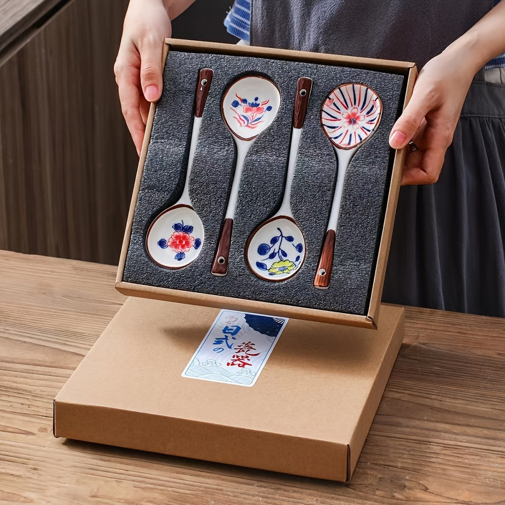 Gift box set with 4/6 creative ceramic dessert spoons, perfect for new year tableware or as a gift for friends.