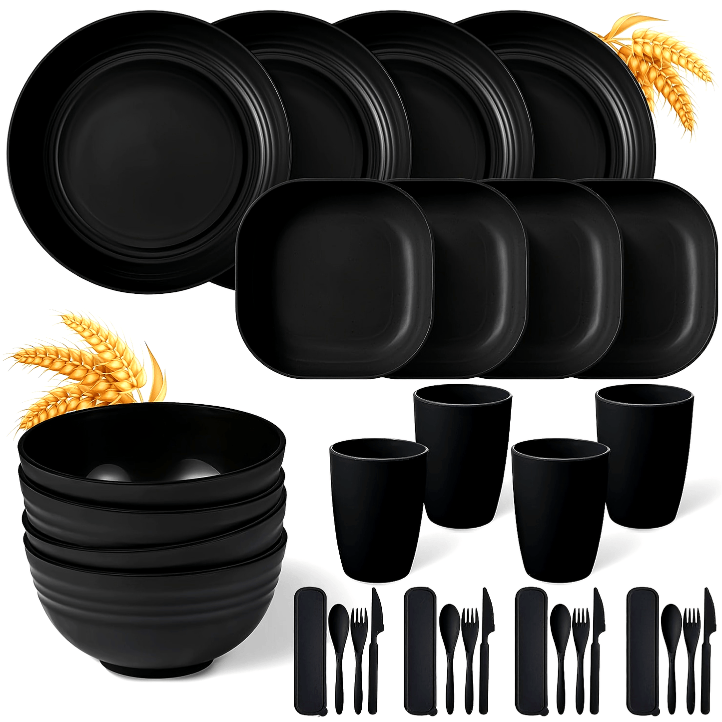 32-piece unbreakable microwave-safe cutlery set for indoor and outdoor use, including plates, bowls, knives, forks, spoons, dishes, and cups. Ideal for camping parties and lightweight for easy transportation.