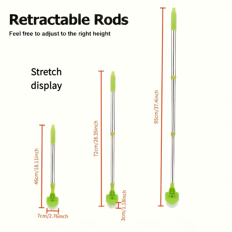 Three-piece set of long-handled shower cleaning brushes, including an extendable brush, one sponge brush head, and one hard brush. Ideal for cleaning bathrooms, toilets, bathtubs, kitchen walls, and windows. Versatile cleaning supplies for multi-purpose