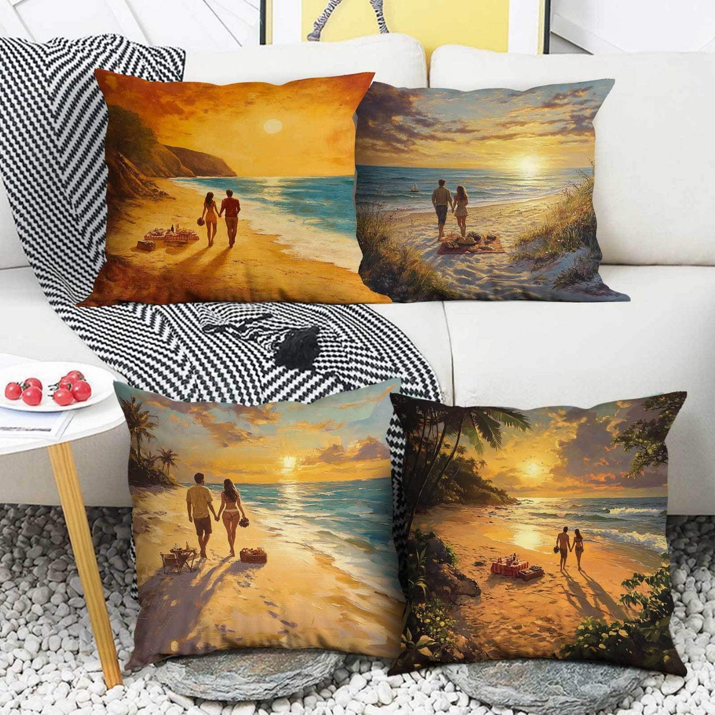 Coastal Sunset Beach Walk Cushion Covers set of 4, featuring a contemporary style with a fantasy theme. Perfect for all seasons, these pillowcases have a zipper closure for easy removal and are machine washable. Made of polyester, they are ideal for