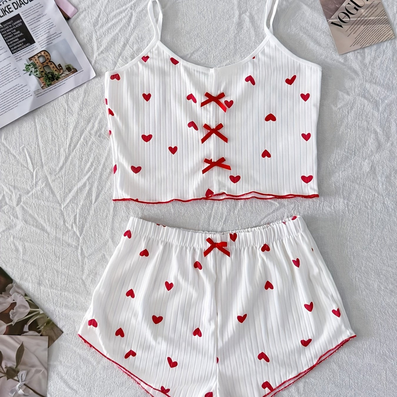 Heart Print Ribbed Pajama Set, Backless Crop Top & Shorts, Comfortable Summer Nightwear