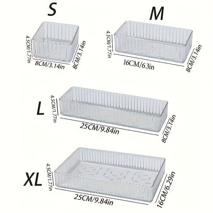 Clear plastic organizer set with customizable drawers for cosmetics and various storage needs, suitable for multiple spaces.