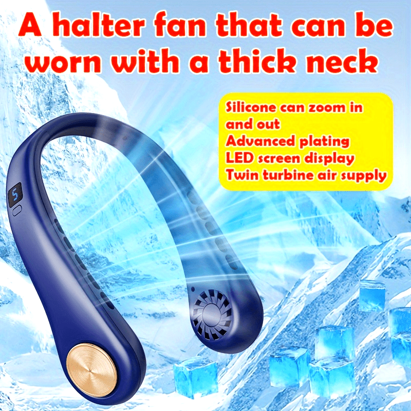 USB Neck Fan for all genders with silent continuous operation and no heat output. Features a display screen, 5-level air cooling adjustment, and a long-lasting battery. A must-have back-to-school essential for outdoor sports, travel, and the summer