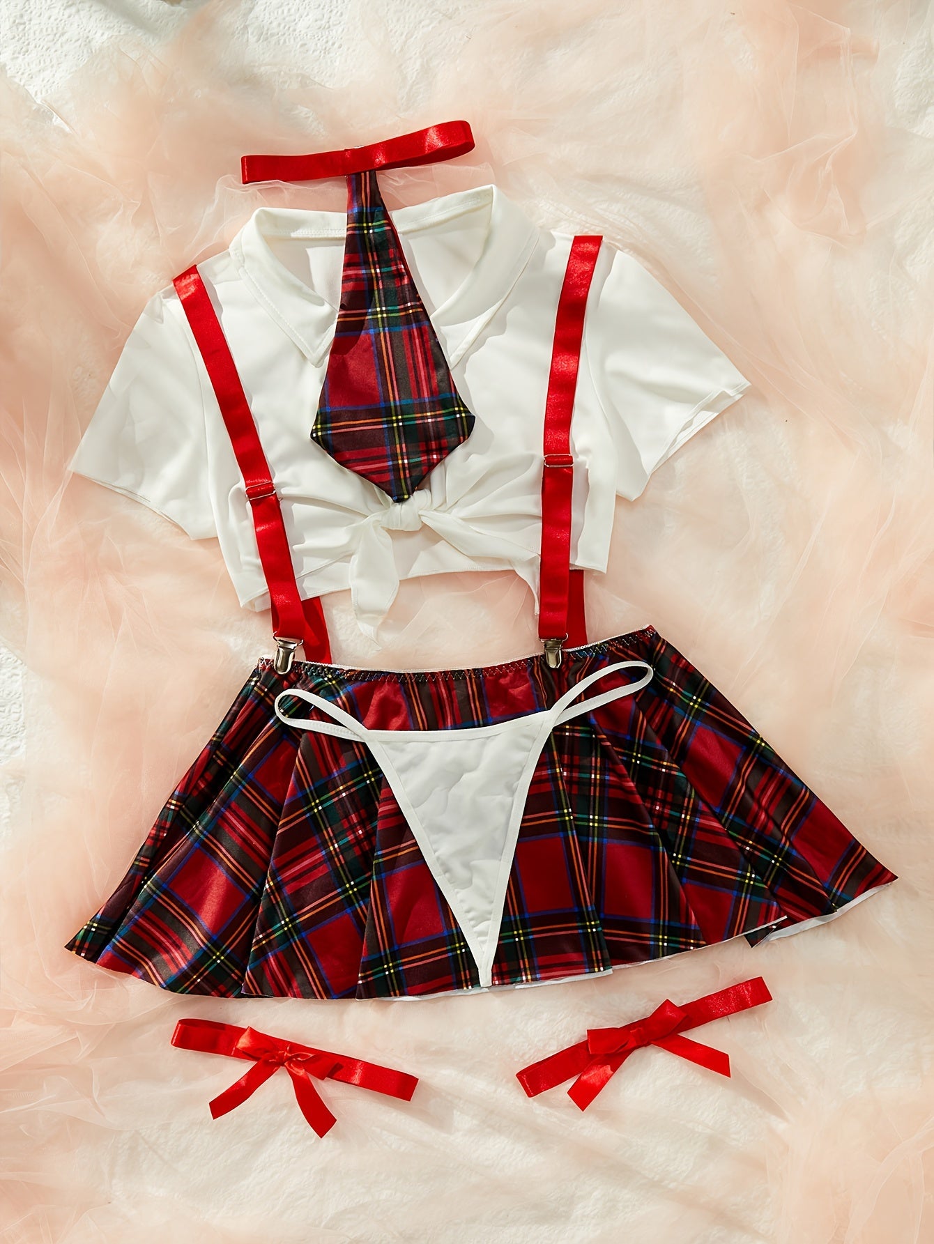 Women's sexy college role-playing costume set includes short skirt, thong, top, bow tie, and leg ring