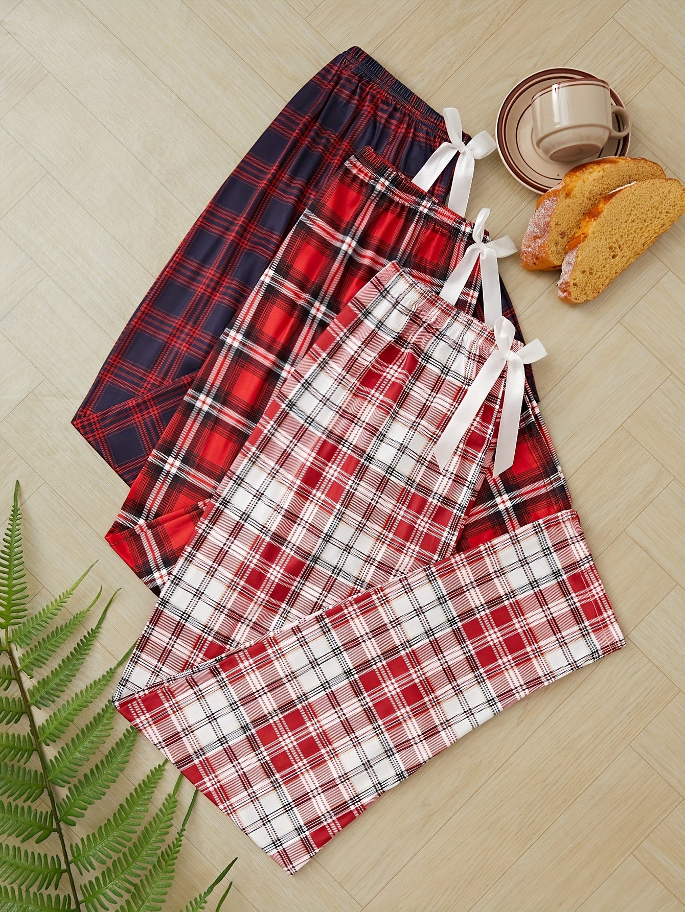 3 plaid print front bow pajama sets