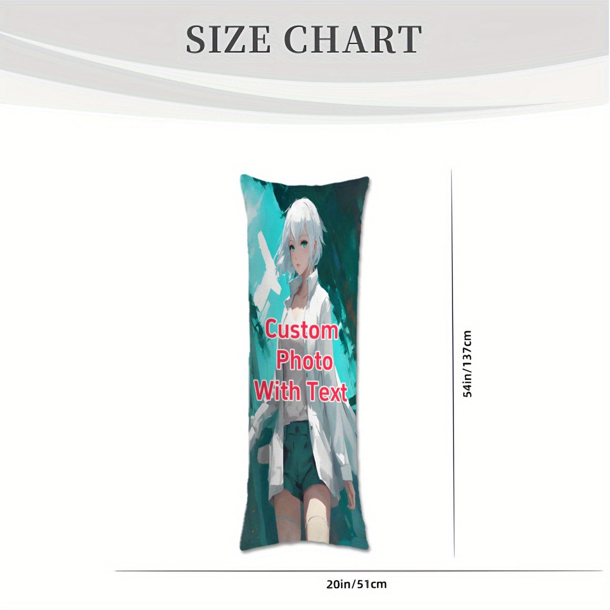 Get a Custom Anime Body Pillow Cover measuring 50.8x137.16 cm. This Personalized Photo Long Body Pillowcase features a Double-Sided Print and is made of Soft Plush material. Perfect for gifting on occasions like Halloween, Thanksgiving, Christmas, New