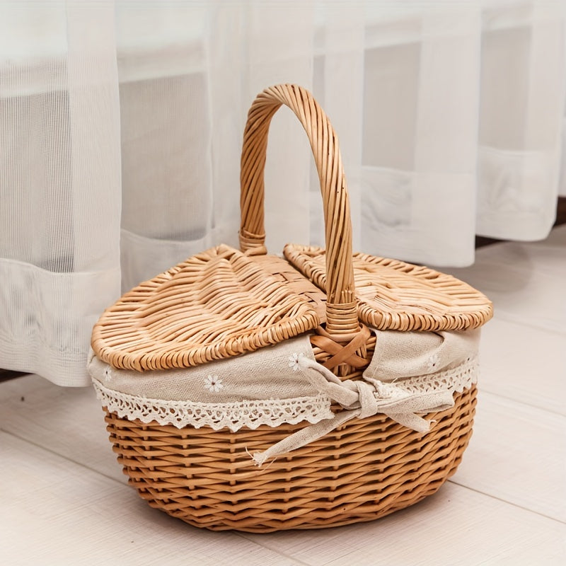 Wicker picnic basket with lid, insulated net, outdoor storage for garden & lawn, wooden frame, ideal for picnics & gardening.