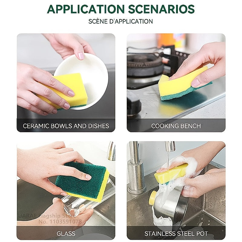 Multi-purpose cleaning sponges in packs of 10, 12, or 24 with dual-sided scrub pads. Made from premium material, these sponges are durable, scratch-free, and super absorbent. An essential cleaning tool for the kitchen, bathroom, outdoor areas, and