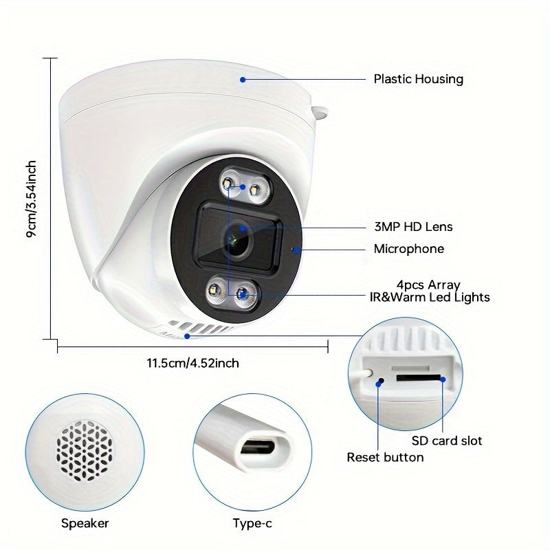 The QKH 3MP HD Dome Surveillance Camera is perfect for both indoor and outdoor home security. With its 1440p resolution, irregular shape, and 2-way audio capabilities, you can feel confident in the safety of your property. The camera also features night