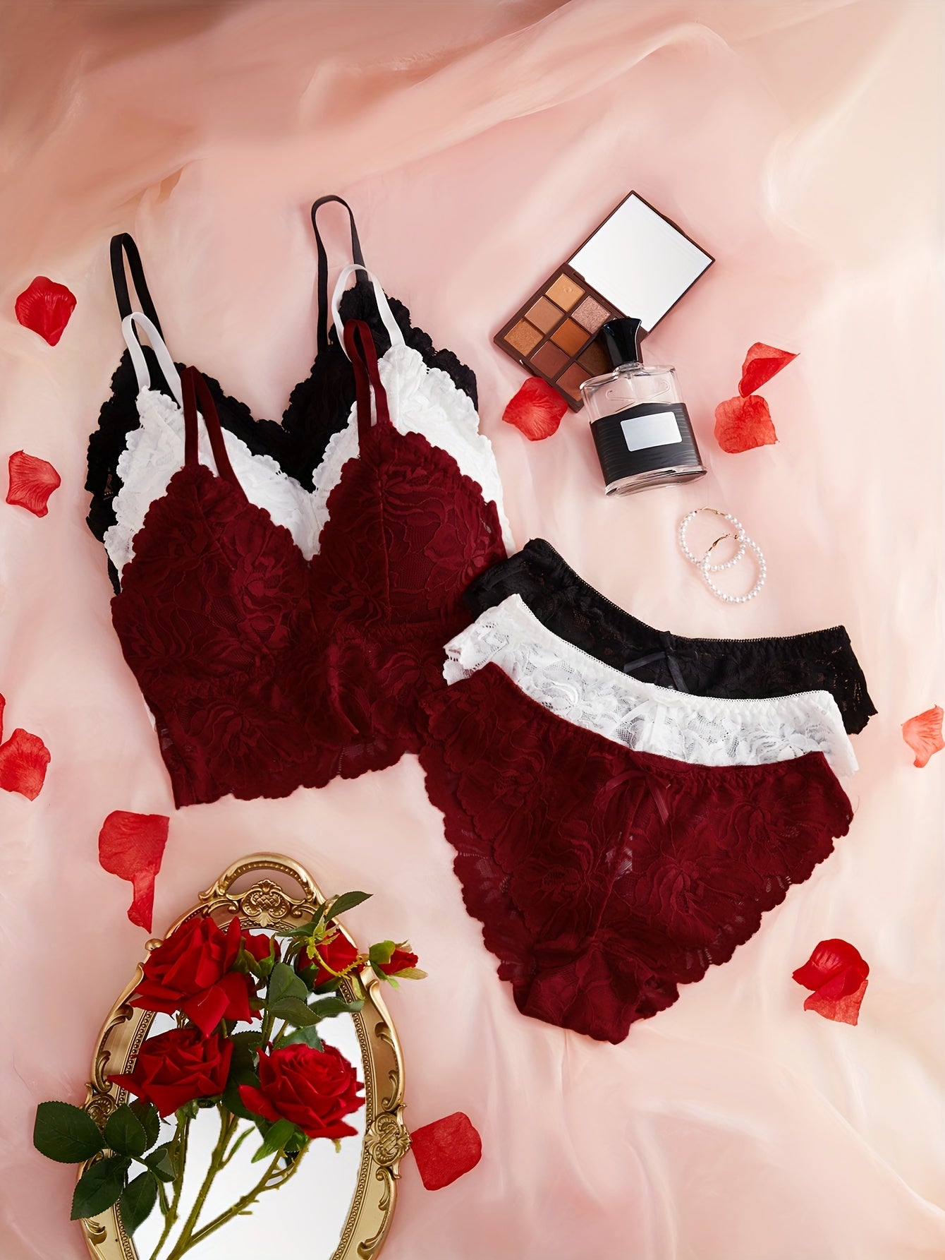 Floral Lace Bra & Panties Set with Push Up Bra and Bow Tie Panties, Women's Lingerie & Underwear