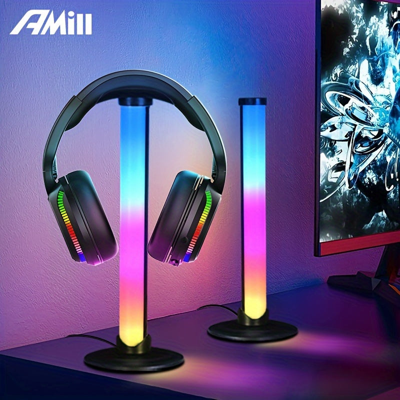 Wire-controlled LED table light with headphone holder, USB powered for game room atmosphere. Ideal for game room, living room, desk, and holiday party decoration.