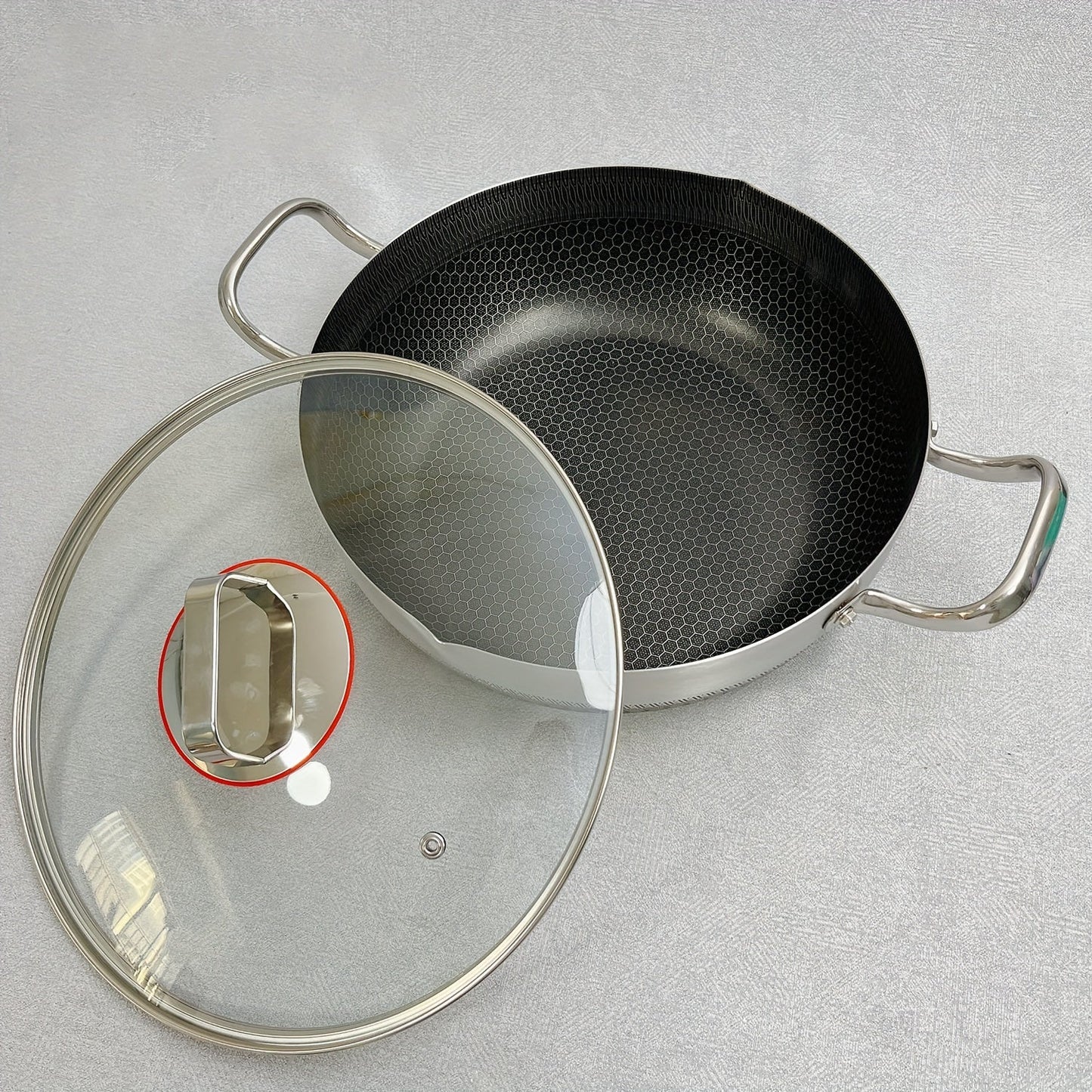 Stainless steel multi-purpose pot with lid, suitable for various stoves, including frying pan, cooking pot, soup pot, hot pot, and fry pan, all in one.