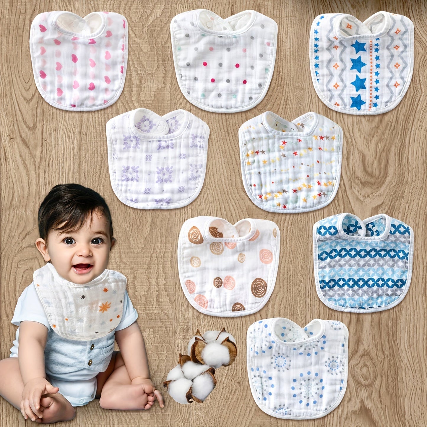 Set of 5 Soft Feeding Bibs made of 6-layer Cotton Gauze (assorted colors)