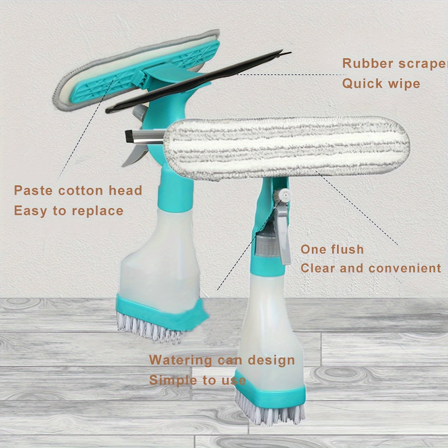 Versatile 4-in-1 Glass Cleaner Brush for multiple cleaning tasks on windows, mirrors, and tiles.