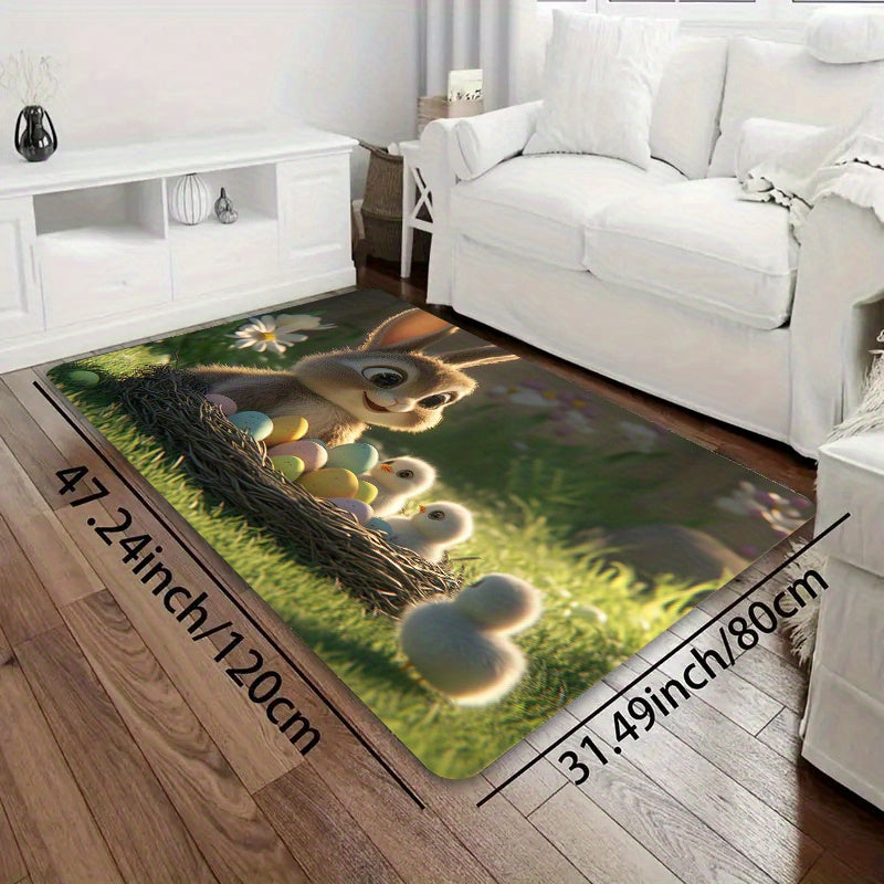 Easter-themed Rug featuring Adorable Rabbit and Chicks design, 8mm Thick Polyester Material for Anti-Slip Properties, Easily Washable Rectangle Mat suitable for Kitchen, Living Room and Bedroom Decor