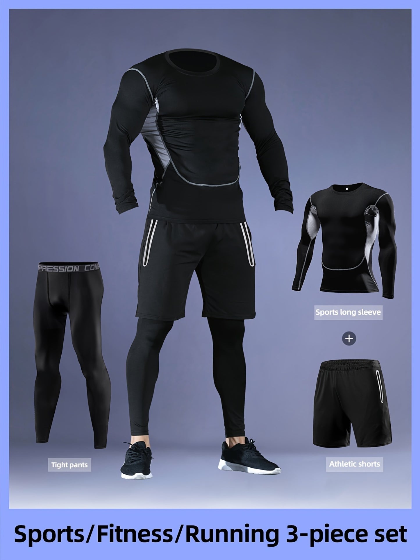 Men's 3-piece athletic set includes a breathable mesh long sleeve top and skinny fit polyester/spandex pants. Perfect for running, basketball, hiking, and training in the fall or winter.