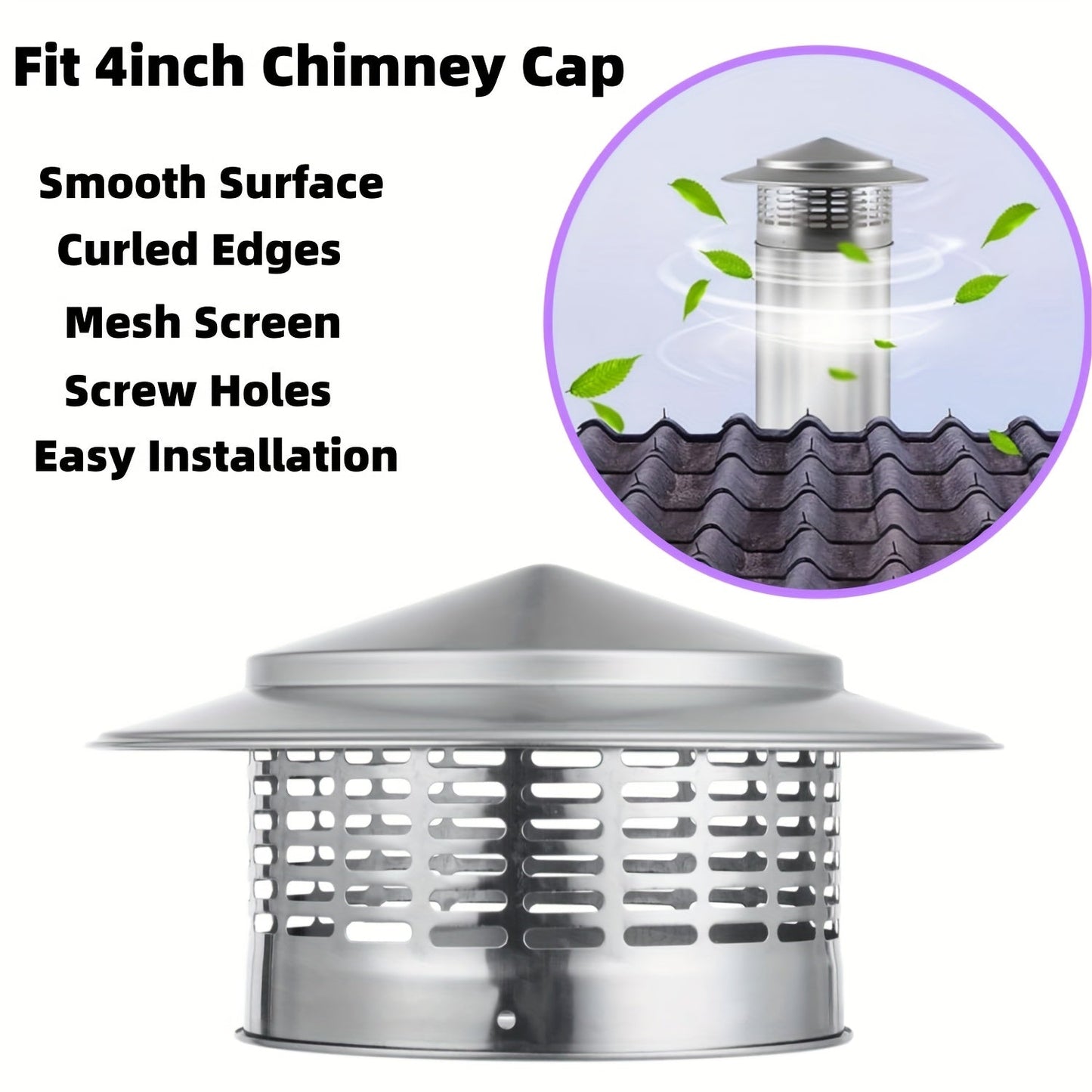 Stainless Steel 4 Inch Chimney Cover with Strainer - Round Shape, Rain Cap for Exterior and Fireplace, Flue and Furnace Tube Ventilation Cover