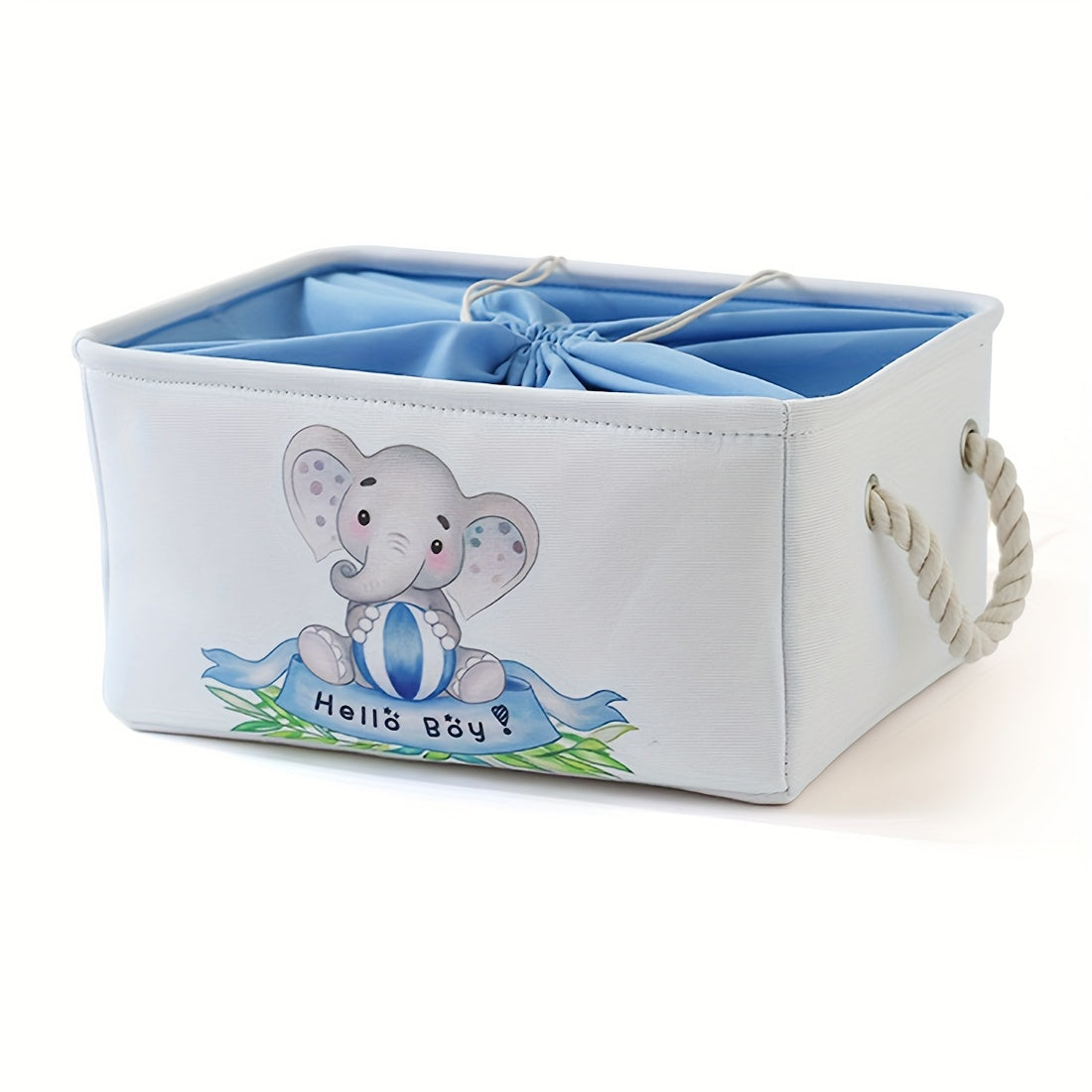 Blue Elephant Design Fabric Storage Basket with Lid - Collapsible and Stackable for Home Organization in Nursery, Wardrobe, or Shelf