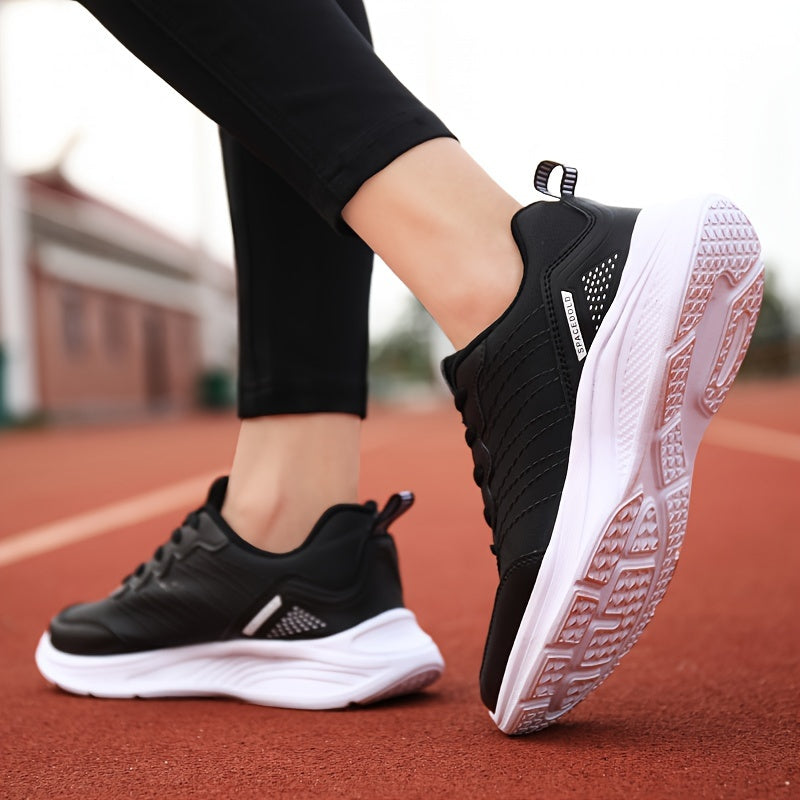 Women's water-resistant fashion sports sneakers with solid color, low top design, lace-up closure, EVA sole, superfine fiber insole, and all-season PU upper for comfort.