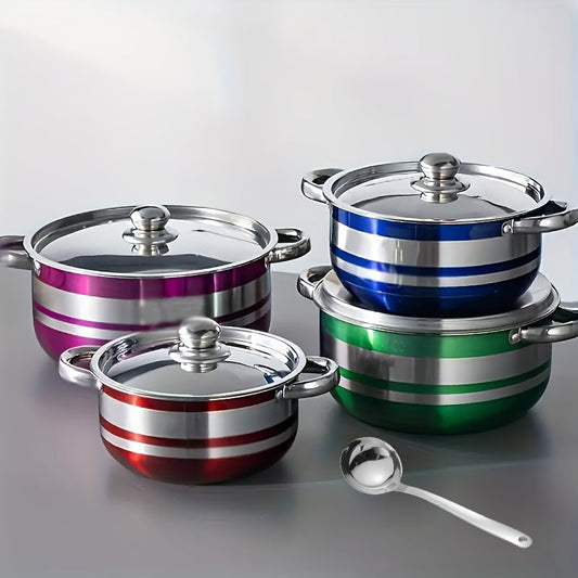 This set includes 9 pieces of stainless steel pots with lids, consisting of 4 pots, 4 lids, and 1 spoon. They are designed for uniform and fast heat conduction, making them suitable for use at home, in accommodation, for dinner, and while camping.