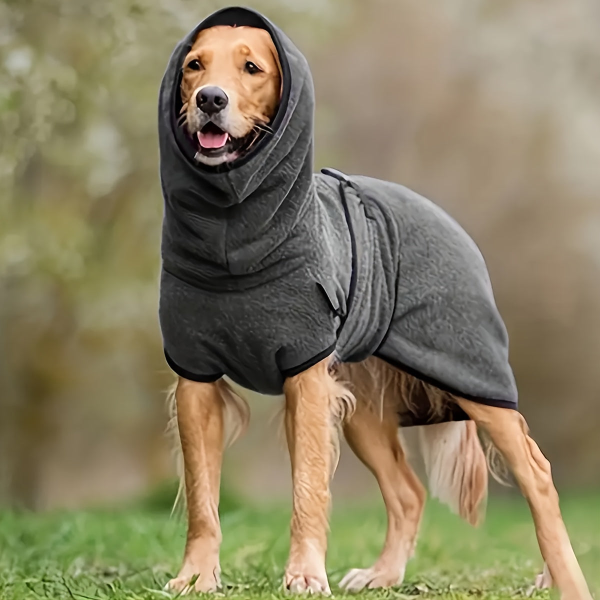 Warm fleece-lined dog hoodie for all breeds, ideal for colder seasons, hand wash only.