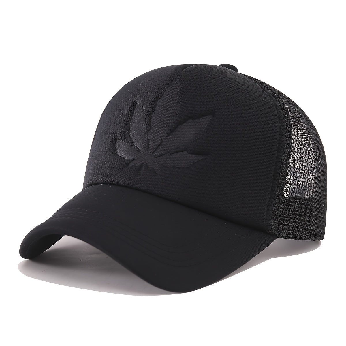 OKOIUM Maple Leaf Embossed Baseball Cap - Breathable mesh back, polyester, casual style for outdoor sports, available in black, blue, red.