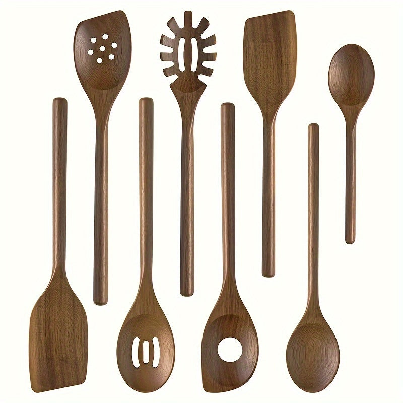 Set of 8 Acacia Wood Kitchen Utensils - Includes Non-Stick, Heat-Resistant Cooking Tools such as Spatula, Ladle, Rice Paddle, Stirring Spoon, and Salad Spoon