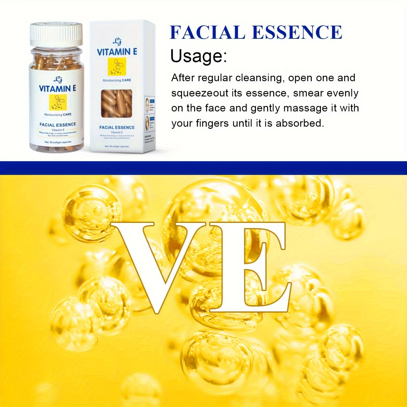 90 capsules of Vitamin E face serum, suitable for all skin types, provide gentle moisturizing, lifting, firming, and softening effects.