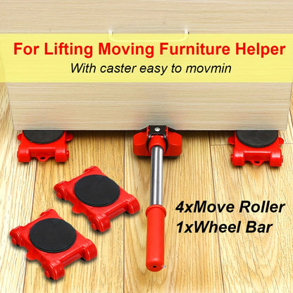 5-piece set of heavy duty furniture lifter mover rollers with wheel bar for easier furniture moving.