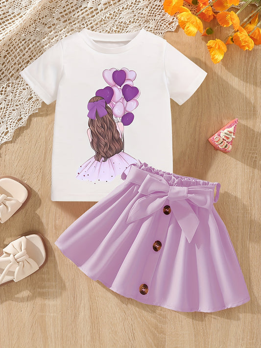 Girls' casual cartoon graphic t-shirt and skirt set in purple, featuring a short sleeve heart design t-shirt and elastic waist a-line skirt for summertime. Cute clothing for young girls