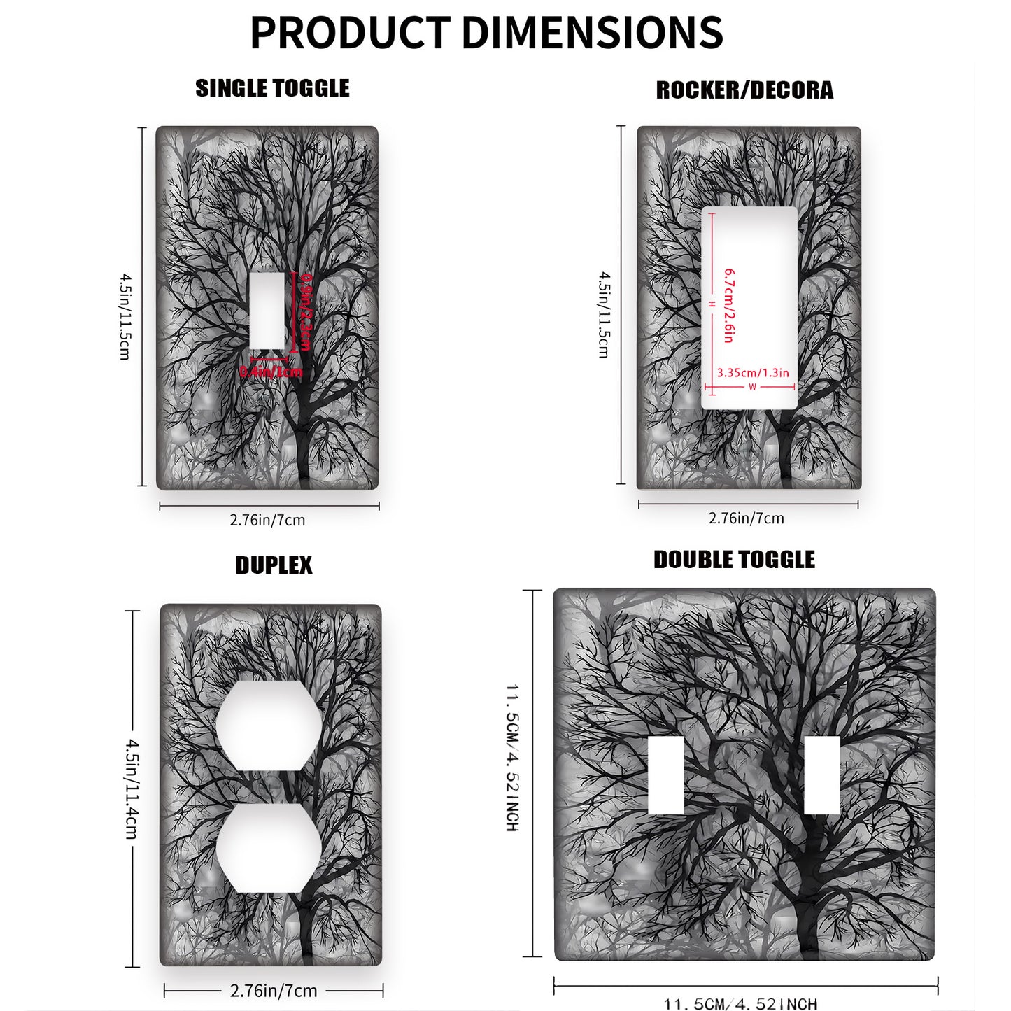 Modern tree design switch plate cover in black & grey for 1 or 2 gang wall plate. Ideal for home decor in bedrooms and kitchens. Comes in a pack of 1.