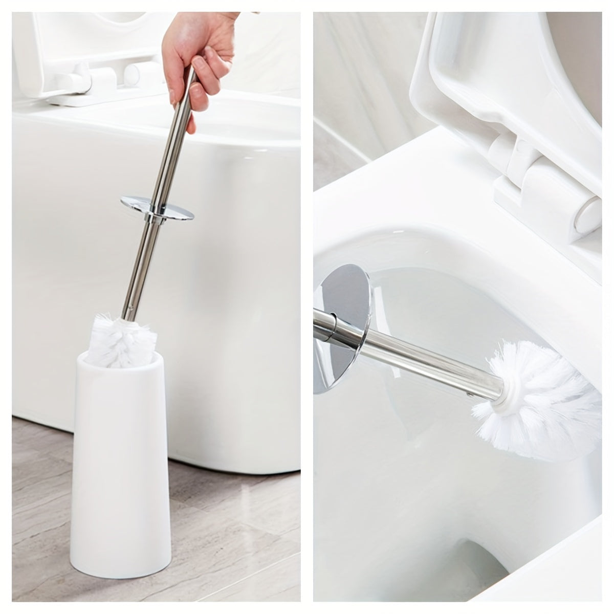 Sturdy plastic toilet brush with holder, medium firmness, portable freestanding bathroom cleaner.