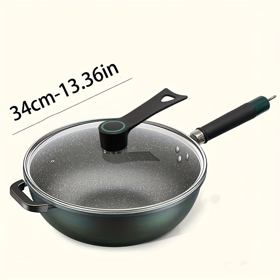 Durable Green Cast Iron Skillet with Non-Stick Coating and Lid - Suitable for All Stovetops, Easy to Clean, Rice Stone Finish, Available in Multiple Sizes