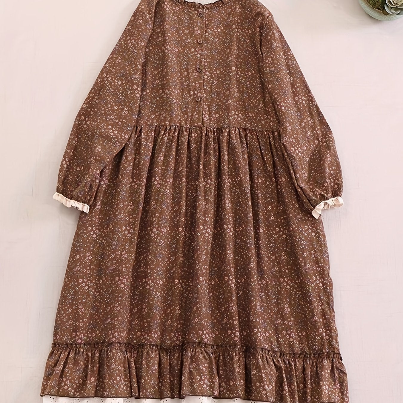 Japanese style floral long-sleeved dress with lace splicing, large hem, and linen skirt for women in Mori Girl's literary style.