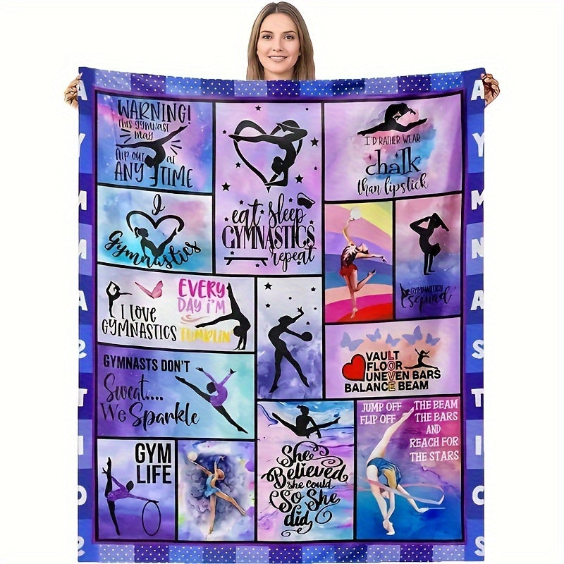 Modern gymnastics-themed flannel throw blanket featuring a girl print - Soft and cozy for casual use, suitable for office, camping, and travel. Perfect gift for all seasons. Easy to clean with machine washable, stain and tear-resistant polyester