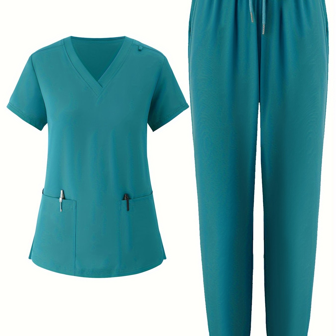 Women's V-Neck Scrub Set, 95% Polyester, 5% Elastane, Solid Color, Breathable with Pockets, All-Season Workwear