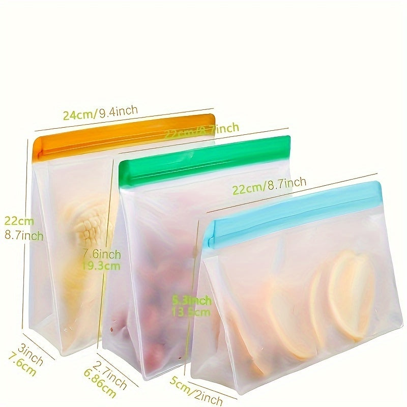 8 to 10 pieces of reusable storage bags in a pack, made of PEVA material that is free from Bisphenol A. These gallon-sized bags are leak-proof and vertical, perfect for storing food in the freezer. Also included are sandwich bags, travel snack bags, and