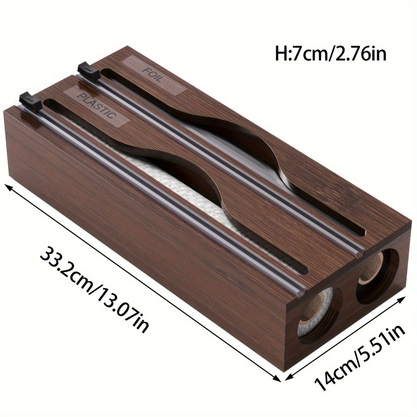 Bamboo 2-in-1 Kitchen Wrap Dispenser with Slide Cutter and Dual Slots Storage Organizer for Plastic Film, Suitable for Kitchen Drawer, Cabinet, Shelf, and Counter. Ideal for Organizing Kitchen Accessories and Storage.