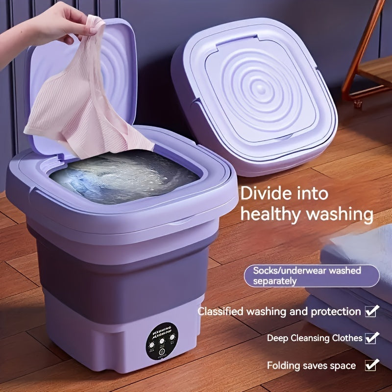 Portable mini washing machine with 8L capacity, 3 modes, and drain basket is ideal for apartments, camping, RVs, and travel; effectively cleans clothes and underwear.