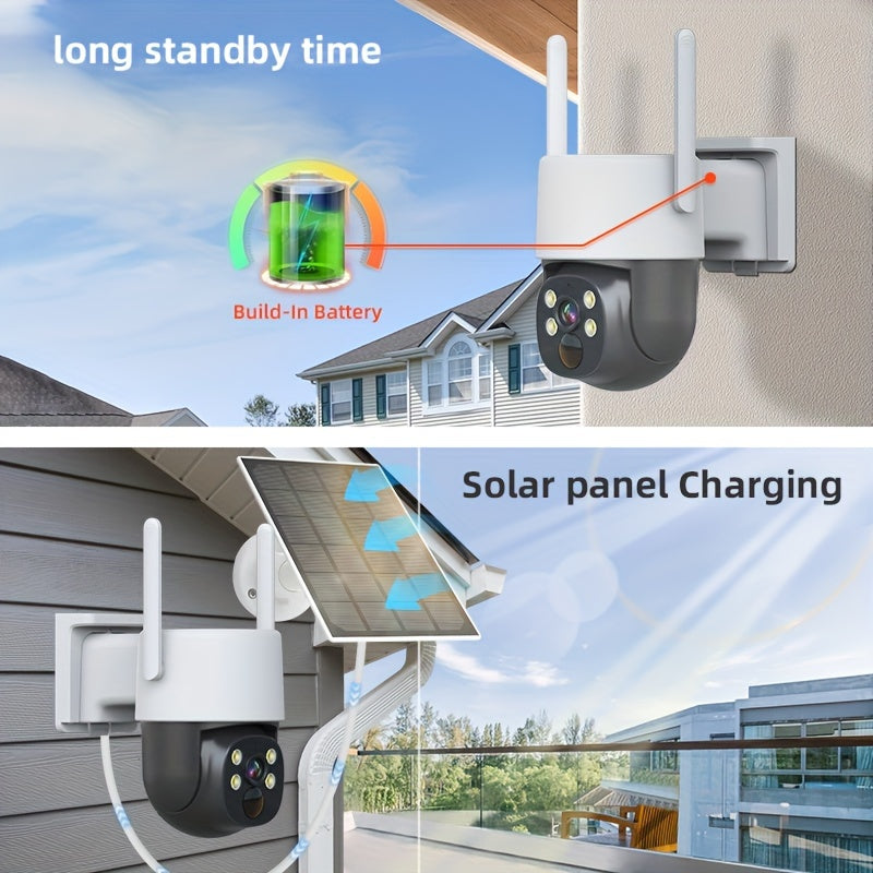 The ZHXINSD 4MP Solar-Powered Outdoor Security Camera offers wireless connectivity and WiFi capabilities, providing a 360° view with color night vision. It features a spotlight alarm and PIR sensor, along with a USB rechargeable battery. Compatible with