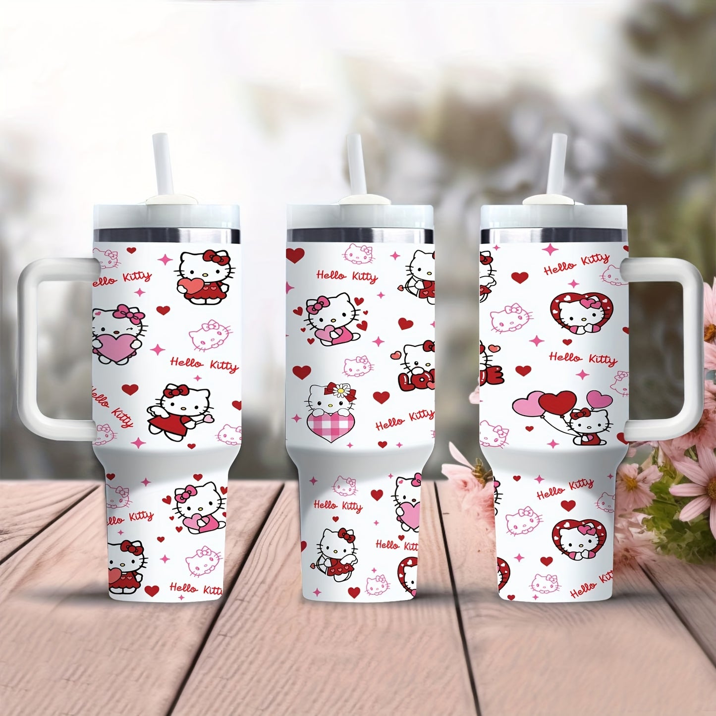 40oz Hello Kitty insulated stainless steel water bottle with handle and straw. Pink & white heart pattern, BPA-free, ideal for hot/cold drinks. Great gift for family & friends.