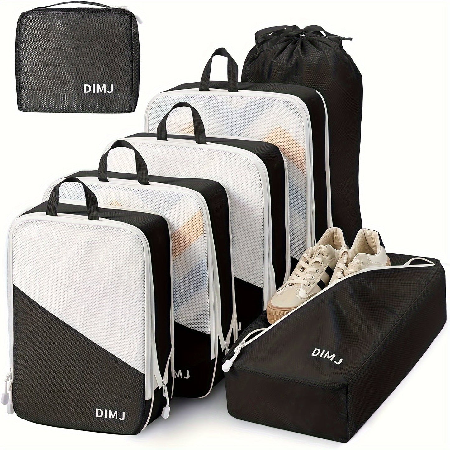 Set of 7 Compression Packing Cubes designed for travel, made from lightweight materials to fit easily into suitcase. Features sturdy handle for convenience, includes cubes for shoes, laundry, and underwear. Essential travel organization tools.