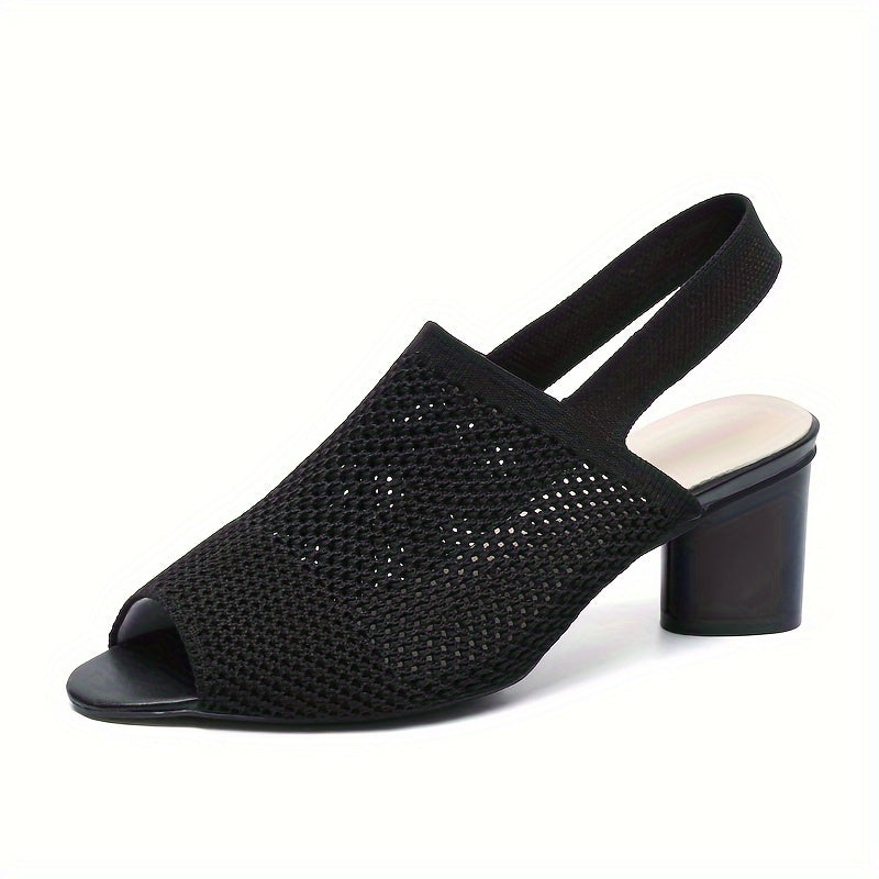 Mesh peep-toe chunky heel sandals for women, slip-on with elastic ankle strap, mid-heel design