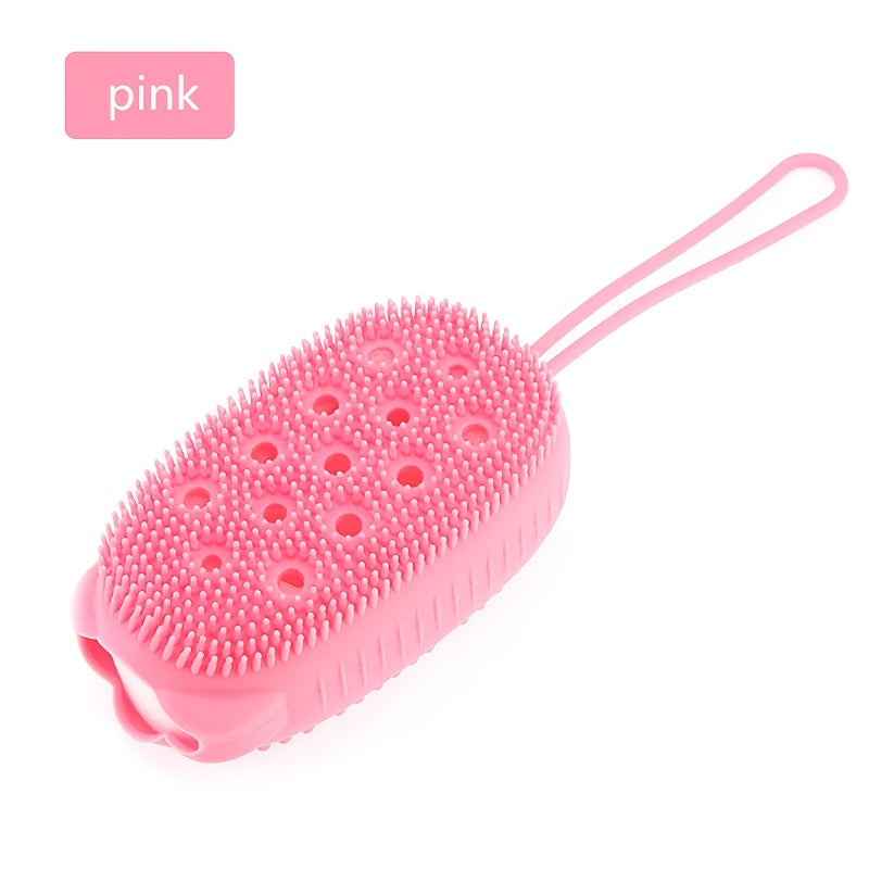 Silicone body scrubber for exfoliating and cleaning in the shower.