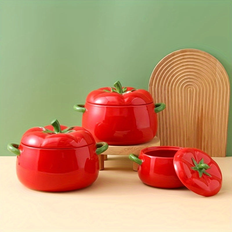 Large soup and salad bowl made of ceramic in the shape of a tomato, comes with a lid. Dishwasher safe and perfect for use in kitchens and restaurants. Makes for a unique gift idea.