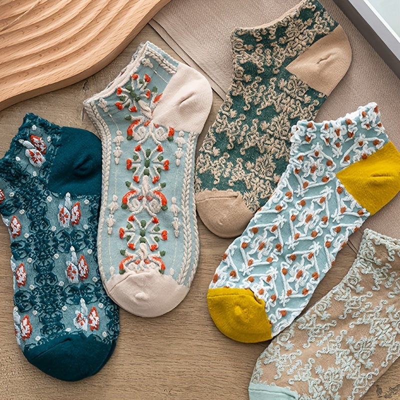 5 pairs of vintage court style short socks with cute Japanese flower and geometric 3D texture, low ankle cut for women.